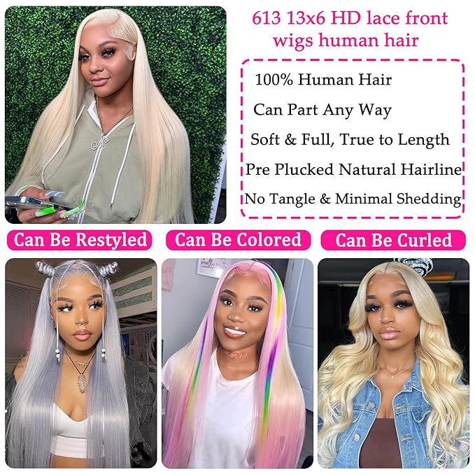 613 13x6 Lace Front Wig Human Hair (Straight Blonde) HD Transparent Lace, Pre Plucked with Baby Hair 200 Density