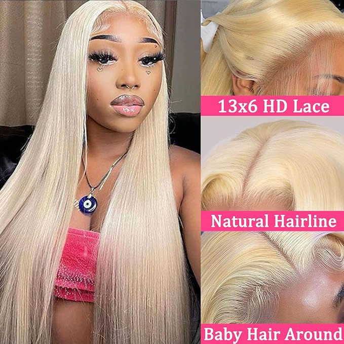 613 13x6 Lace Front Wig Human Hair (Straight Blonde) HD Transparent Lace, Pre Plucked with Baby Hair 200 Density