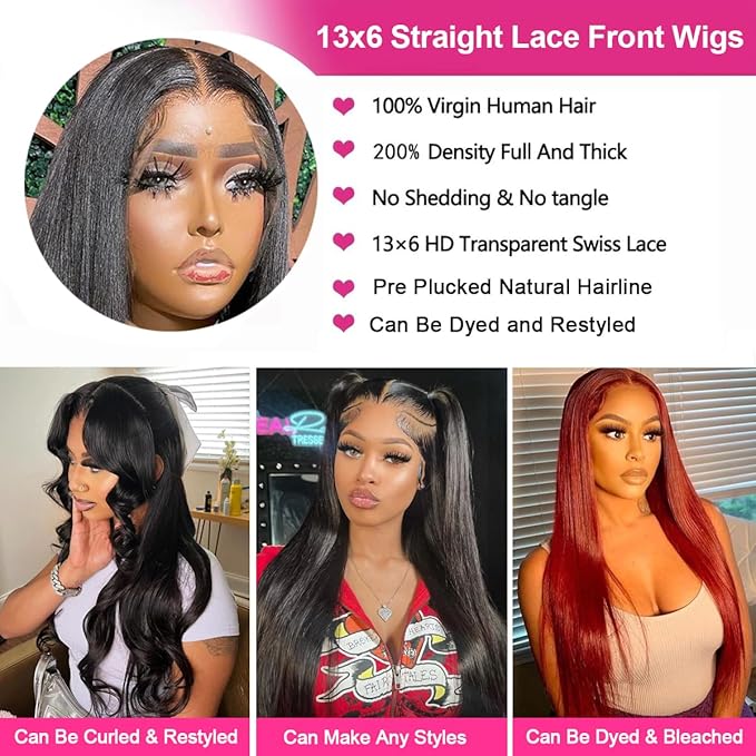 13x6 Lace Front Wigs Human Hair 200 Density Straight HD Lace Front Wigs Human Hair Pre Plucked 13x6 Lace Frontal Straight Human Hair Glueless (Natural Color)