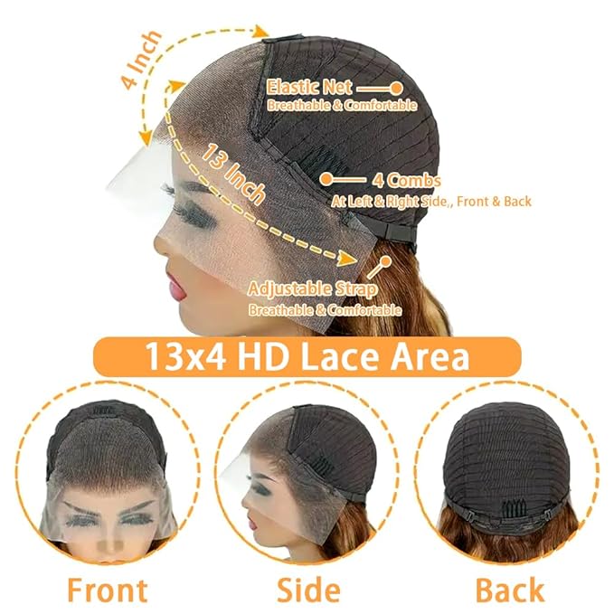 Honey Blonde Ombre Lace Front Wig Human Hair Highlight Wig 4/27, Body Wave HD Lace,  Pre Plucked with Baby Hair 180% Density