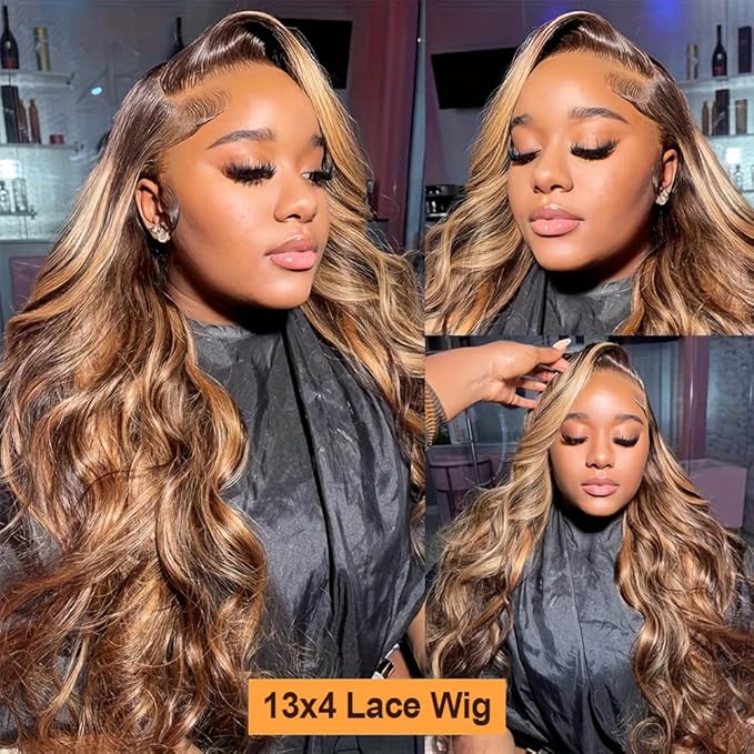 Honey Blonde Ombre Lace Front Wig Human Hair Highlight Wig 4/27, Body Wave HD Lace,  Pre Plucked with Baby Hair 180% Density