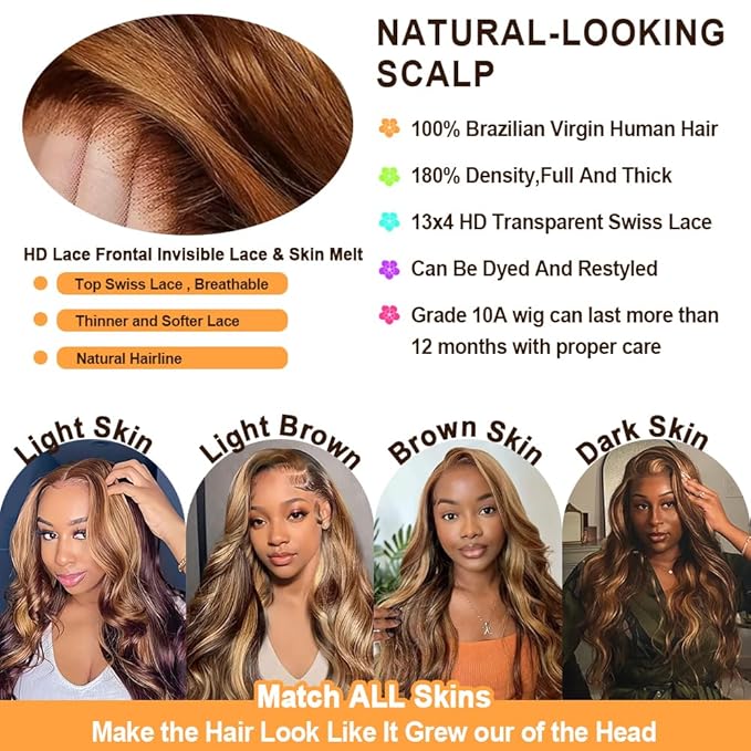 Honey Blonde Ombre Lace Front Wig Human Hair Highlight Wig 4/27, Body Wave HD Lace,  Pre Plucked with Baby Hair 180% Density