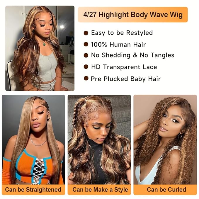 Honey Blonde Ombre Lace Front Wig Human Hair Highlight Wig 4/27, Body Wave HD Lace,  Pre Plucked with Baby Hair 180% Density