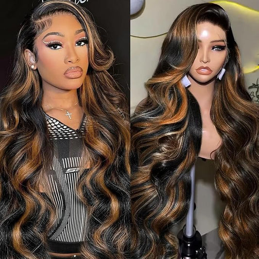 Highlight Ombre Body Wave Lace Front Wig Human Hair Pre Plucked 13x4 1B/30 Brown Highlight 200 Density Balayage Glueless